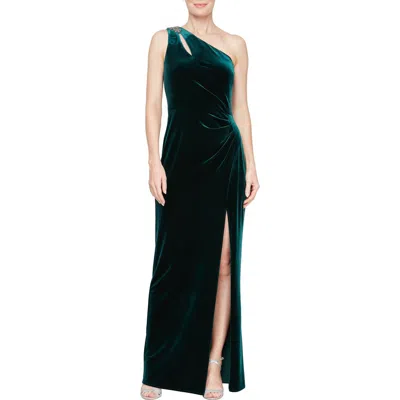 Alex Evenings Pleated One-shoulder Velvet Sheath Gown In Forest