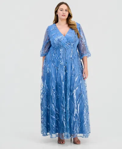 Alex Evenings Plus Embroidered A-line V-neck Ball Gown In Blue