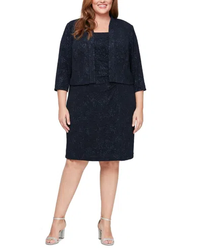 Alex Evenings Plus Size 2.pc Sequin Jacquard Sheath Dress & Jacket In Navy