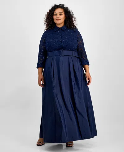 Alex Evenings Plus Size 3/4-sleeve A-line Gown In Navy