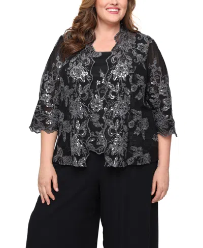 Alex Evenings Plus Size 3/4-sleeve Embroidered Jacket And Tank Twinset In Black