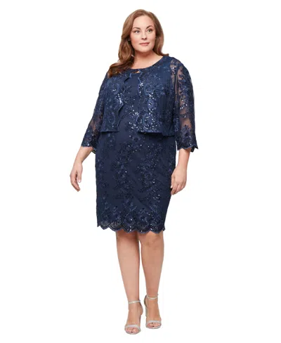 Alex Evenings Plus Size 3/4-length Sleeve Jacket And Midi Dress, 2-piece Set In Blue