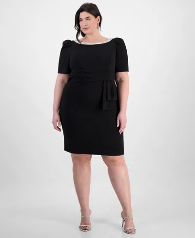 Alex Evenings Plus Size Boat Neck Puff-sleeve Sheath Dress In Black
