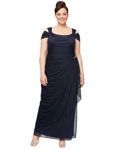 Alex Evenings Plus Size Draped Cold-shoulder Dress In Blue