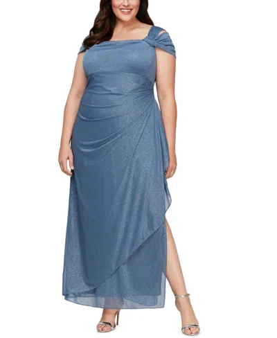 Alex Evenings Plus Size Draped Cold-shoulder Dress In Blue