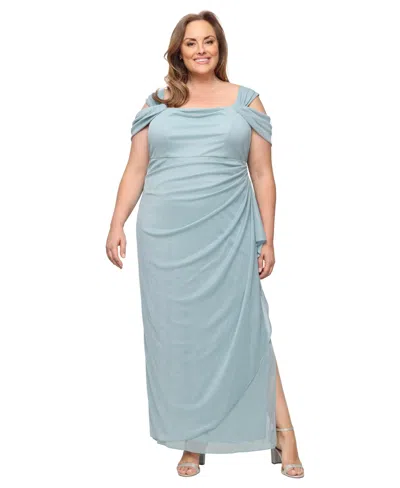 Alex Evenings Plus Size Draped Cold-shoulder Dress In Blue