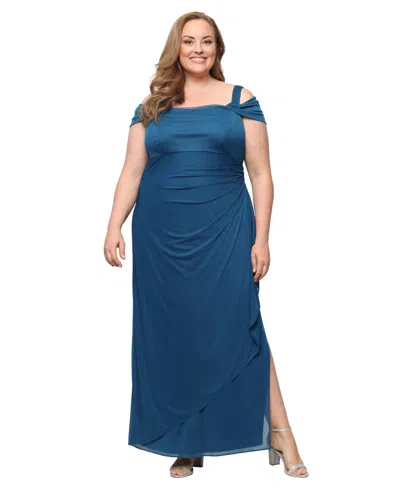 Alex Evenings Plus Size Draped Cold-shoulder Evening Dress In Blue