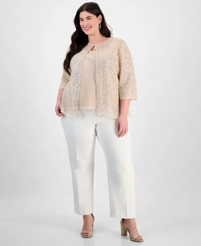 Alex Evenings Plus Size Embellished 3/4-sleeve Jacket & Sleeveless Top Set In Taupe
