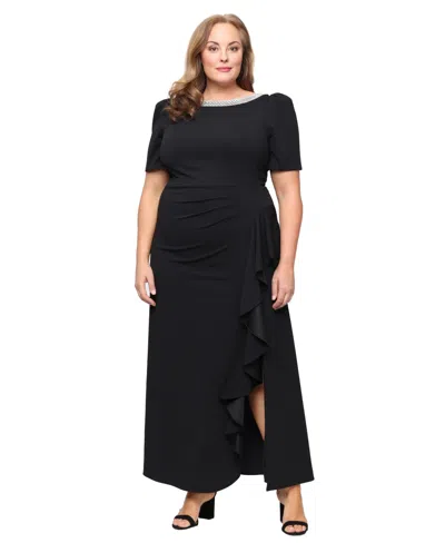 Alex Evenings Plus Size Embellished Boat-neck Cascade Ruffle Gown In Black