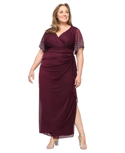 Alex Evenings Plus Size Embellished-sleeve Draped Chiffon Gown In Burgundy