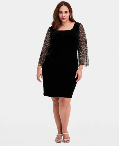 Alex Evenings Plus Size Embellished-sleeve Stretch Velvet Dress In Black