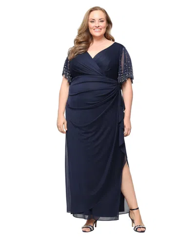 Alex Evenings Plus Size Embellished-sleeve Draped Chiffon Gown In Blue