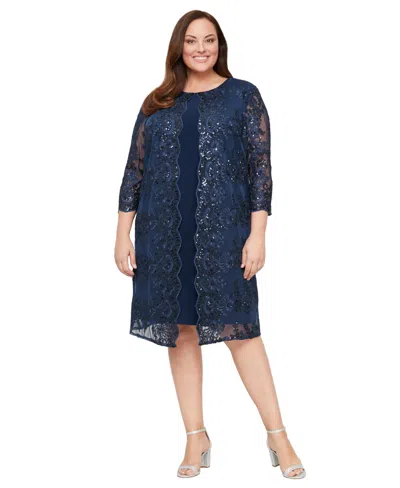 Alex Evenings Plus Size Embroidered Crew Neck Jacket Dress In Blue