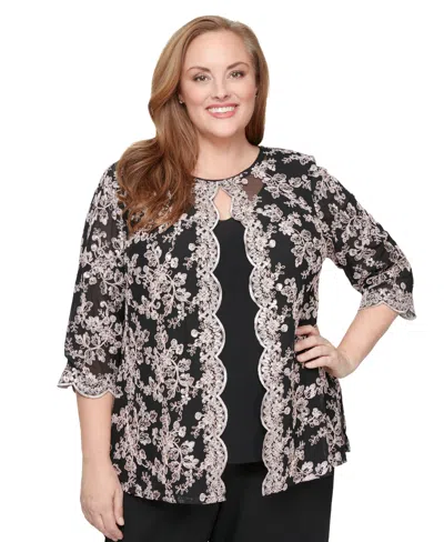 Alex Evenings Plus Size Embroidered Crewneck Top In Black