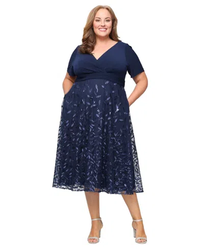 Alex Evenings Plus Size Embroidered V-neck A-line Midi Dress In Blue