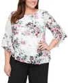 Alex Evenings Plus Size Floral-print Blouse In Ivory,pink