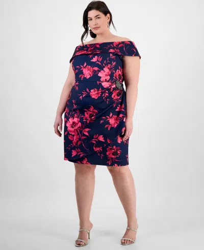 Alex Evenings Plus Size Floral Print Off-the-shoulder Sheath Dress In Navy,fuschia