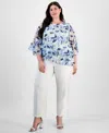Alex Evenings Plus Size Floral Print Tiered Bell-sleeve Blouse In Ivory Multi