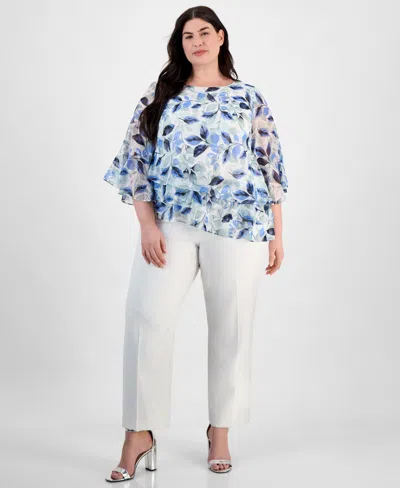 Alex Evenings Plus Size Floral Print Tiered Bell-sleeve Blouse In Ivory Mult