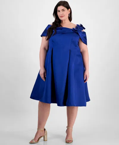 Alex Evenings Plus Size Flower-strap Off-the-shoulder A-line Dress In Bright Royal