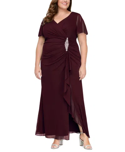 Alex Evenings Plus Size Flutter-sleeve Embellished-trim Gown In Wine