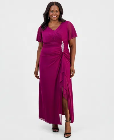 Alex Evenings Plus Size Flutter-sleeve Embellished-trim Gown In Multi