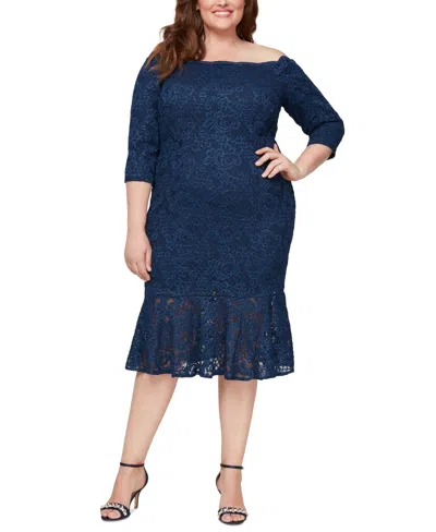 Alex Evenings Plus Size Glitter Lace Off-the-shoulder Dress In Navy