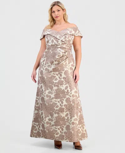 Alex Evenings Plus Size Jacquard Off-the-shoulder Gown In Neutral