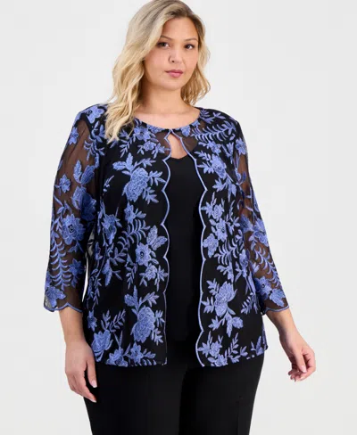 Alex Evenings Plus Size Layered-look Embroidered Top In Blue