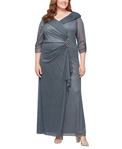 ALEX EVENINGS PLUS SIZE LONG PORTRAIT COLLAR GLITTER SMOKE 3/4-SLEEVE A-LINE DRESS