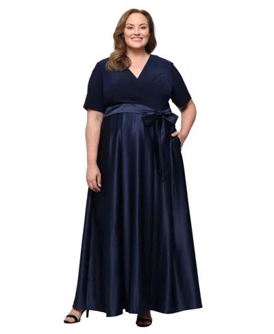 Alex Evenings Plus Size Matte Jersey V-neck Ball Gown In Blue
