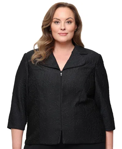 Alex Evenings Plus Size Metallic Jacquard Front Zipper Jacket In Black
