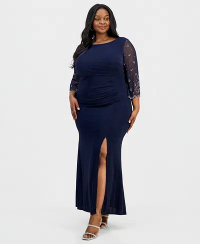 Alex Evenings Plus Size Metallic Knit 3/4-sleeve A-line Dress In Blue