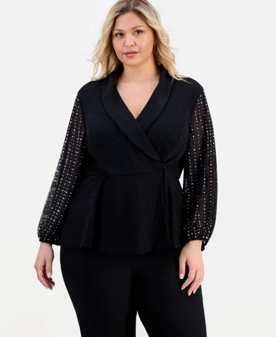 Alex Evenings Plus Size Metallic Knit Beaded-sleeve Top In Black