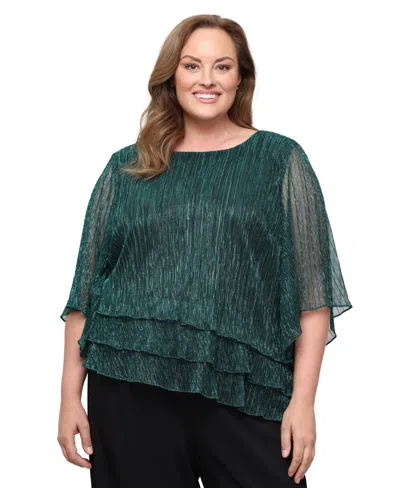 Alex Evenings Plus Size Metallic-knit 3/4-sleeve Scoop Neck Blouse In Green