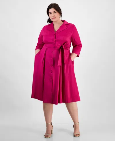 Alex Evenings Plus Size Notched Collar 3/4-sleeve Shirtdress In Magenta