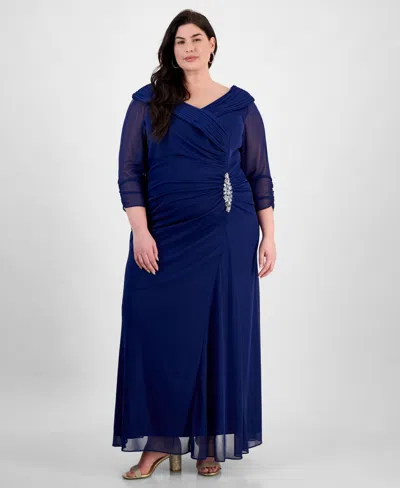 Alex Evenings Plus Size Portrait-collar Side-ruched A-line Dress In Electric Blue