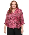 ALEX EVENINGS PLUS SIZE PRINTED 3/4-SLEEVE WRAP BLOUSE