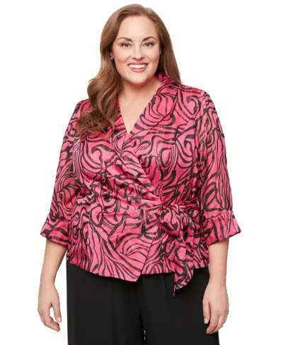 Alex Evenings Plus Size Printed 3/4-sleeve Wrap Blouse In Black,fuchsia