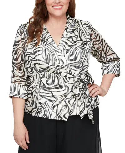 Alex Evenings Plus Size Printed 3/4-sleeve Wrap Blouse In Ivory Black