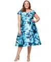 Alex Evenings Plus Size Printed Off-the-shoulder A-line Midi Dress In Aqua Multi