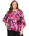 Alex Evenings Plus Size Printed Scoop-neck 3/4-sleeve Top In Black,fuchsia