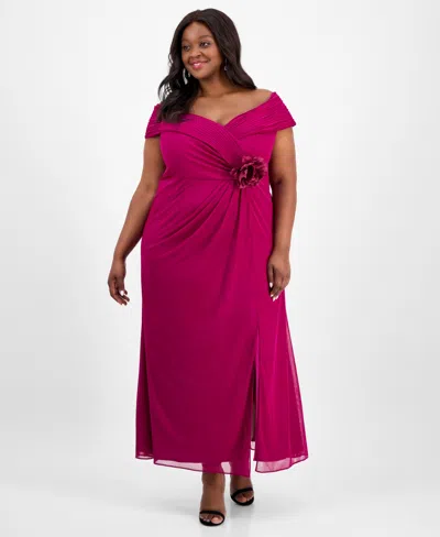 Alex Evenings Plus Size Rosette-trim Slit-front A-line Dress In Magenta