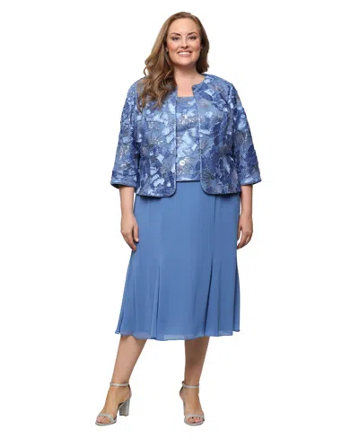 Alex Evenings Plus Size Scoop Neck Dress And Soutache Open Jacket, 2-piece Set In Blue
