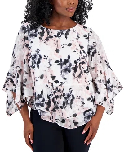 Alex Evenings Plus Size Scoop-neck Tiered Ruffled Blouse In Ivory,pink