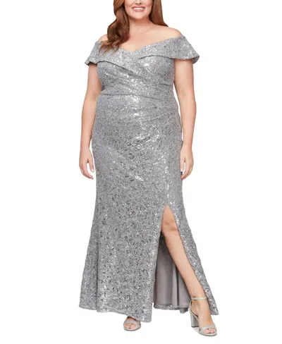 Alex Evenings Plus Size Sequin Off-the-shoulder Gown In Pewter