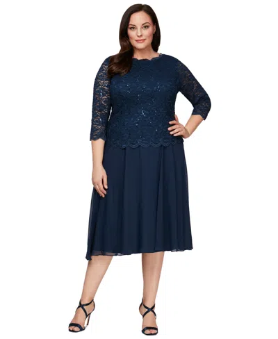 Alex Evenings Plus Size Sequined Lace A-line Dress In Navy
