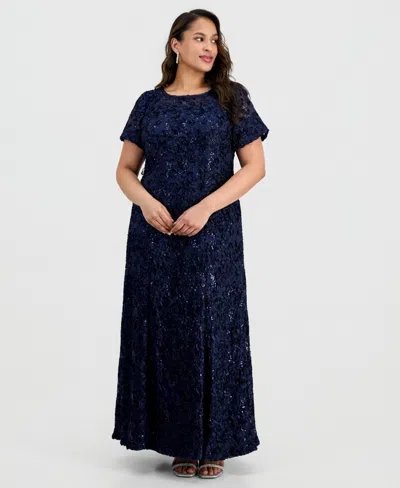 Alex Evenings Plus Size Sequined Soutache Lace A-line Gown In Blue