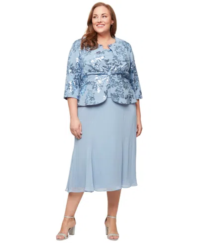 Alex Evenings Plus Size Sequinned Jacket & Tea-length Dress In Dusty Blue