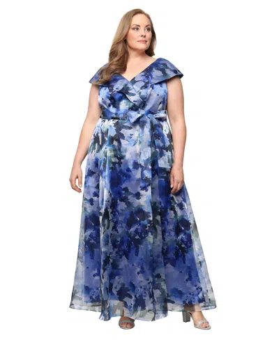 Alex Evenings Plus Size Short-sleeve V-neck Ball Gown In Blue